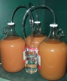 three jugs filled with liquid sitting on top of a shelf next to each other