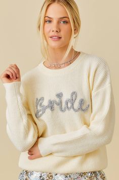 "Bride" glitter Letter Sweater Get ready to shine on your special day with this "Bride" glitter Letter Sweater! (It's the perfect way to stand out and show off your sparkle.) 100% ACRYLIC Letter Sweater, Scarf Coverup, Bridal Wardrobe, Rebecca Black, Sequin Boots, Adidas Sweater, Glitter Letters, Kids Scarf, Sweater Trends