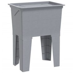 a grey plastic planter sitting on top of a wooden stand with legs and feet