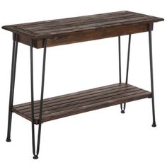 a wooden table with metal legs and a shelf