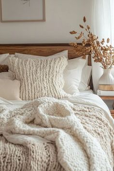 a bed with white blankets and pillows on top of it next to a vase filled with flowers