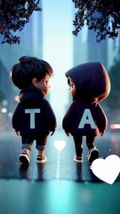 two little kids standing in the rain with letters on them