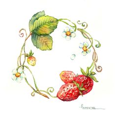 a watercolor painting of strawberries and leaves in a circle with swirly vines