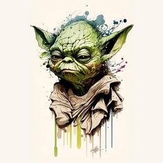 an image of yoda from star wars with paint splattered on the background