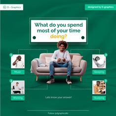 a man sitting on top of a couch in front of a green background with the words what do you spend most of your time doing?