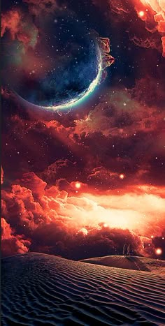 an image of a space scene with planets and stars in the sky, as well as clouds