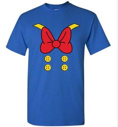 a blue t - shirt with a red bow and yellow buttons on the chest, in front of a white background