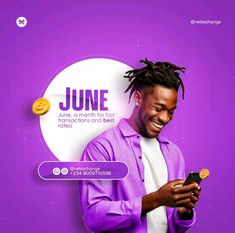 a man with dreadlocks is looking at his cell phone and smiling as he stands in front of a purple background