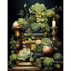 a painting of books and succulents on top of each other