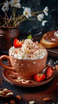 a cup filled with whipped cream and topped with strawberries