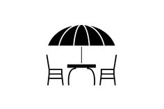 an umbrella and two chairs sitting under it on top of a white background with the words,