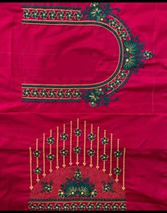 two pieces of red cloth with green and gold designs