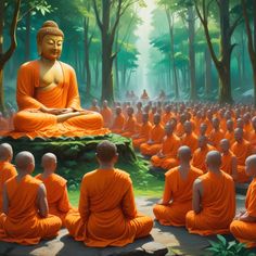 a group of buddhas sitting in the middle of a forest filled with green trees