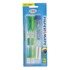 three green and white pens in packaging on a white background with the words paper mate