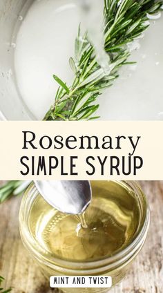 rosemary simple syrup in a glass jar with a spoon and sprig of rosemary