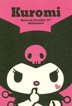 the poster for kuromi's halloween party is shown in pink and black