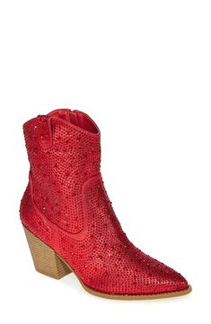 Put some pep in your step when you dance the night away in this Western-inspired boot that's covered in shimmering rhinestones. 3" heel 5 1/2" shaft Synthetic upper, lining and sole Imported Guy Shoes, Western Booties, Red Glitter, Naples, Boot Shoes Women, Mid Calf, Bootie, Knee High, Nordstrom Rack