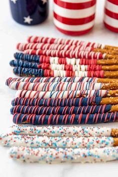 patriotic pretzels with red, white and blue sprinkles on them