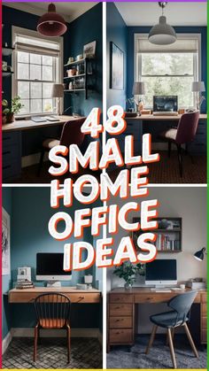 four different pictures with the words 48 small home office ideas on them, including desks and