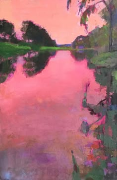 an oil painting of a pink sunset over a river with trees in the foreground