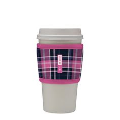 a coffee cup with a pink and blue plaid sleeve