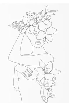 a line drawing of a woman with flowers in her hair and holding a flower bouquet