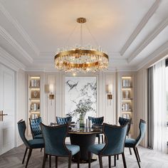 a dining room table with blue chairs and a chandelier