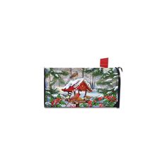 a mailbox with a christmas scene on the front and red ribbon hanging from it