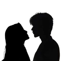 the silhouette of two people are facing each other in front of a white background,