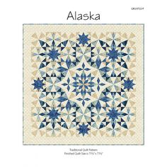 the alaska quilt pattern is shown in blue and white, as well as an image of a