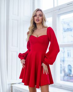 Fabric: Crepe Cotton 75%, Polyester 20%, Elastane 5% Backless Puff sleeves Bustier bodice Mini Length Sleeve length: 70cm/ 27.5in Skirt length: 46cm/ 18,1in Colors: Blue, Red, White Fitted A-line Puff Sleeve Dress For Date Night, Solid Color Puff Sleeve Party Dress, Winter Party Dress With Balloon Sleeves, Party A-line Mini Dress With Gathered Sleeves, Fitted Balloon Sleeve Puff Dress For Cocktail, Fitted Mini Dress With Balloon Sleeves For Cocktail, Fitted Puff Sleeve Dress With Balloon Sleeves For Cocktail, Party Dress With Puff And Balloon Sleeves, Party Dress With Puff Balloon Sleeves And Fitted Bodice