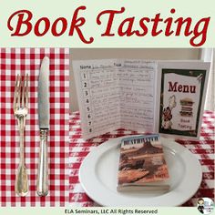 a table with a menu, fork and knife on top of it next to an open book