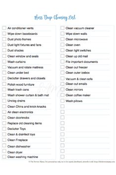 the printable cleaning checklist is shown in blue and white, with words on it