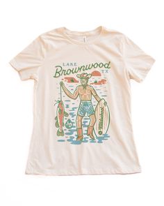 Lake Brownwood is a popular spot for those of us that live out in West Texas. Stop by Underwoods for a bite and then enjoy some fishing, boating, wake surfing, and everything in between. No better way to show your love for Brownwood than with this shirt! women's jersey t-shirt super-soft 100% Airlume combed and ring-spun cotton contemporary, looser fit Constructed by Bella + Canvas Surf T Shirts, Surf Tshirt, West Texas, Womens Jersey, Surf Life, Vintage Tees, Bella Canvas, White Vintage, Womens Tees