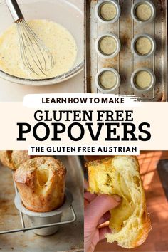 the gluten free popovers recipe is shown with muffins and other ingredients