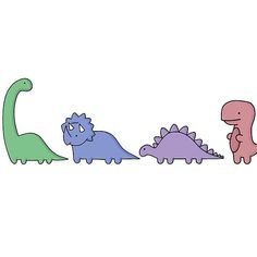 three dinosaurs are lined up in the same row, one is pink and one is green