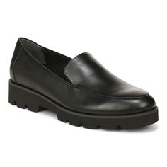 Vionic Kensley Women's Slip On Loafer Black - 6.5 Medium Vionic Kensley Women's Slip On Loafer Black - 6.5 Medium Vionic Kensley Women's Slip On Loafer. A classic loafer with modern shine: Crinkle patent leather- a metallic silver binding and the perfect boost of lug sole height. Charm construction. Platform height: .7 inches- heel height: 1.3 inches. Upper: Crinkle Patent Leather. Footbed: Removable PU Covered EVA. Outsole: Rubber. Platform Height: .70 inch Heel measurement: 1.30 inches Available in women's whole and half sizes. Medium (B) widths- sizes 5- 6-10- 11. For the greatest comfort- we recommend wearing your new Vionic footwear for just a few hours for the first few days to allow your feet to adjust to the new level of orthotic comfort and support. Within one to two weeks you sho Trouser Shoes, 7 Inch Heels, Black Leather Loafers, Vionic Shoes, Lug Sole, Leather Slip Ons, Leather Loafers, Loafers For Women, Arch Support