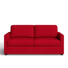 a red couch sitting on top of a white floor