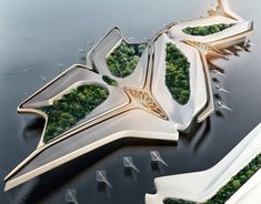 an aerial view of some buildings with trees in the middle and water around them, as if they were floating on land