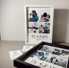 a black and white photo frame sitting on top of a table next to some cards