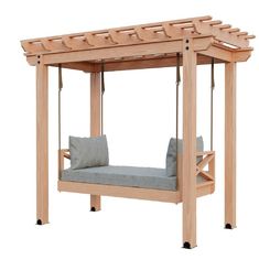 a wooden swing bed with grey cushions