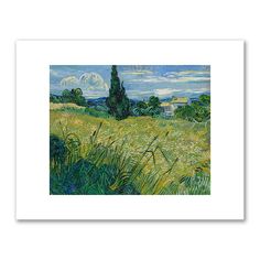 a painting of a field with trees and clouds in the background