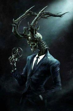 a man in a suit and tie with horns on his head holding a crystal ball