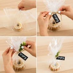 four images show how to wrap cookies in plastic bags and place labels on the bag