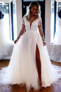 Elegant A-line V Neck Lace Wedding Dresses With Long Sleeves TN296-Tirdress Wedding Dress Necklace, Sleeves Wedding Dresses, Lace Applique Wedding Dress, Dress Fabrics, Lace Wedding Dress With Sleeves, Pretty Wedding Dresses, Long Sleeve Wedding Dress Lace, Cute Wedding Dress, Applique Wedding