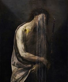 a painting of a man with long hair and water flowing from his head to his body