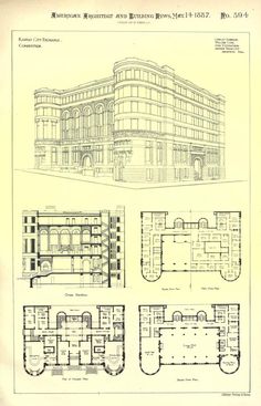 an old architectural drawing shows the plans and elevations for a building with multiple floors