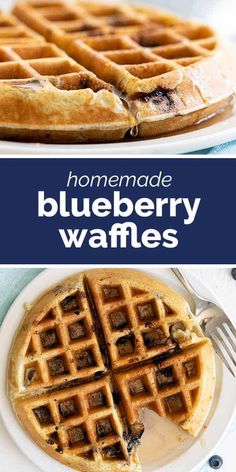 homemade blueberry waffles on a white plate with text overlay that reads homemade blueberry waffles