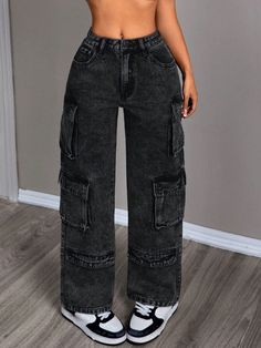 Women Casual Straight Leg Workwear Black Cargo Jeans, Washed Denim Pant Black Casual   Denim Plain Straight Leg Non-Stretch  Women Clothing, size features are:Bust: ,Length: ,Sleeve Length: Cargo Neri, Black Denim Jeans Outfit, Cargo Jeans Outfit, Black Cargo Jeans, Korean Tips, Denim Jeans Outfit, Workwear Jeans, Cozy Fall Outfits