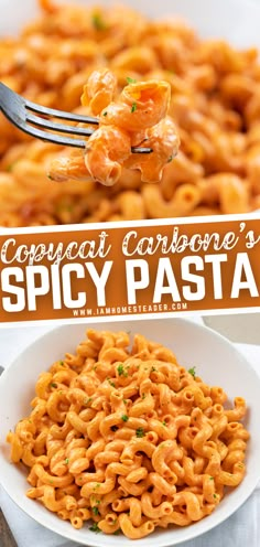 a fork full of pasta with the title copycat carbone's spicy pasta